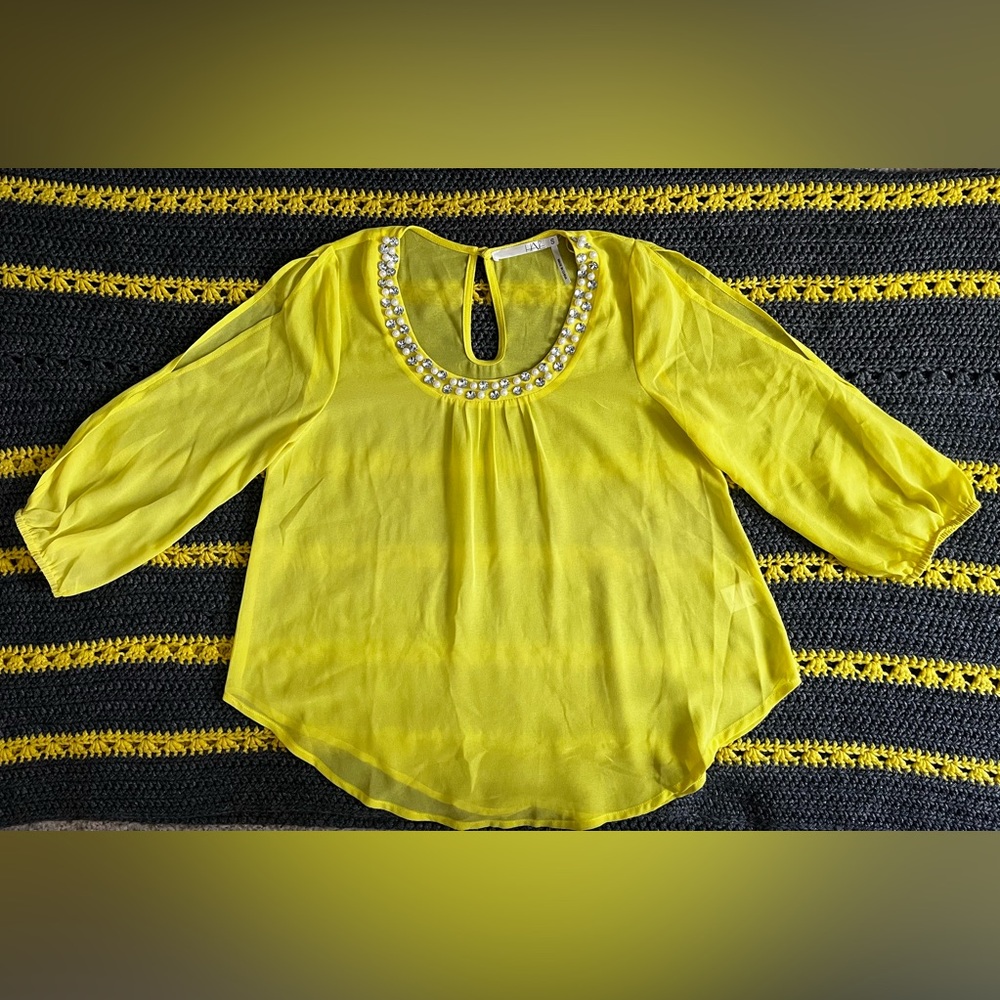HAVE brand yellow sheer/mesh jeweled neck blouse size Small